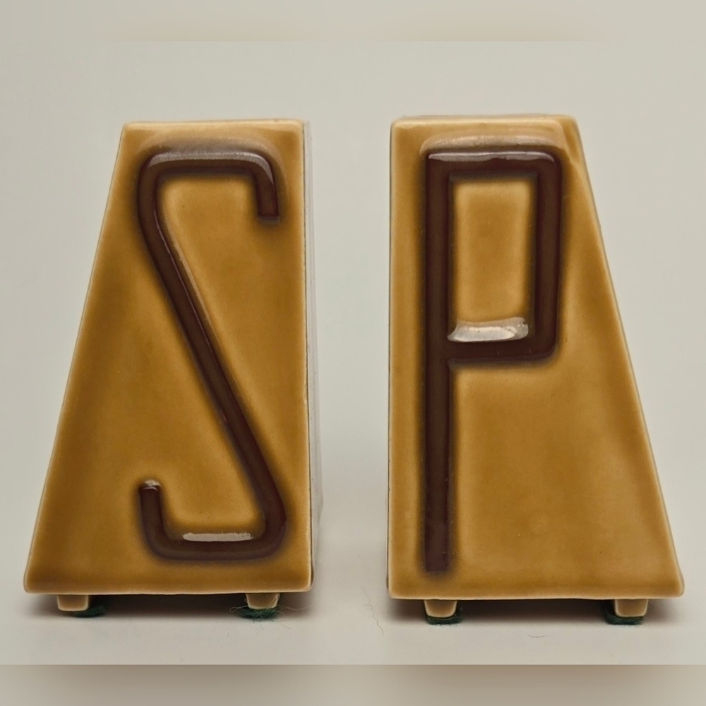 Vintage LeRoi MCM Salt Pepper Shakers Geometric Ceramic Tan Brown 1960s